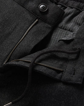 material shot of the zipper fly on The Carmel Pant in Dark Charcoal, Bottoms by Taylor Stitch