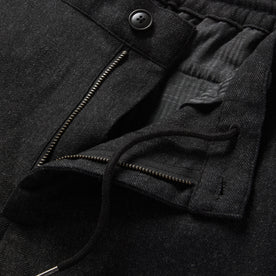 material shot of the zipper fly on The Carmel Pant in Dark Charcoal