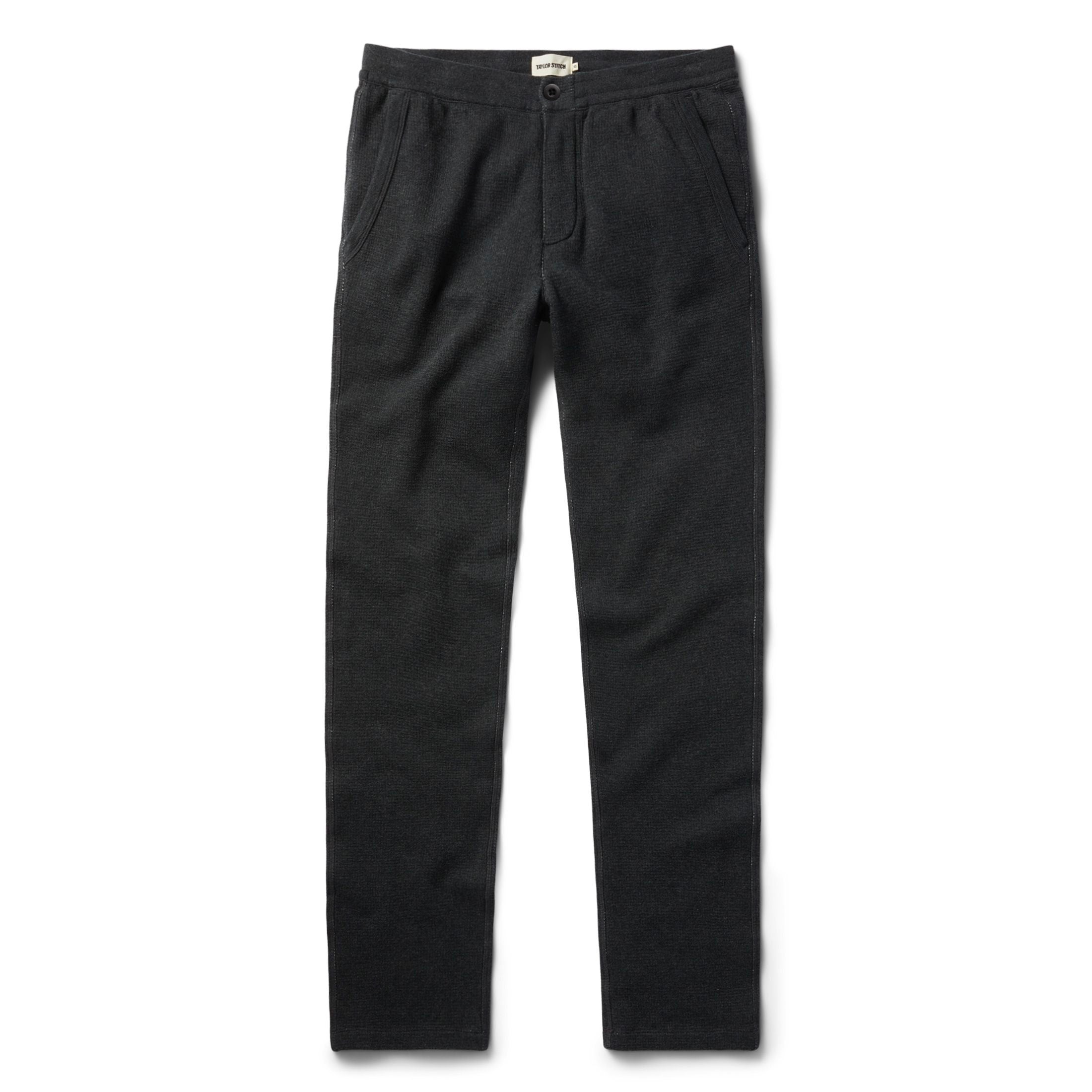 flatlay of The Weekend Pant in Coal Double Knit, shown in full, Knits by Taylor Stitch