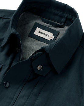 material shot of the collar on The Pathfinder Jacket in Navy Dry Wax, Outerwear by Taylor Stitch