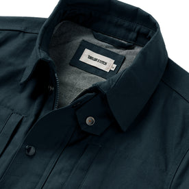 material shot of the collar on The Pathfinder Jacket in Navy Dry Wax