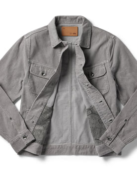 flatlay of The Long Haul Jacket in Steeple Grey Cord, shown open, Outerwear by Taylor Stitch