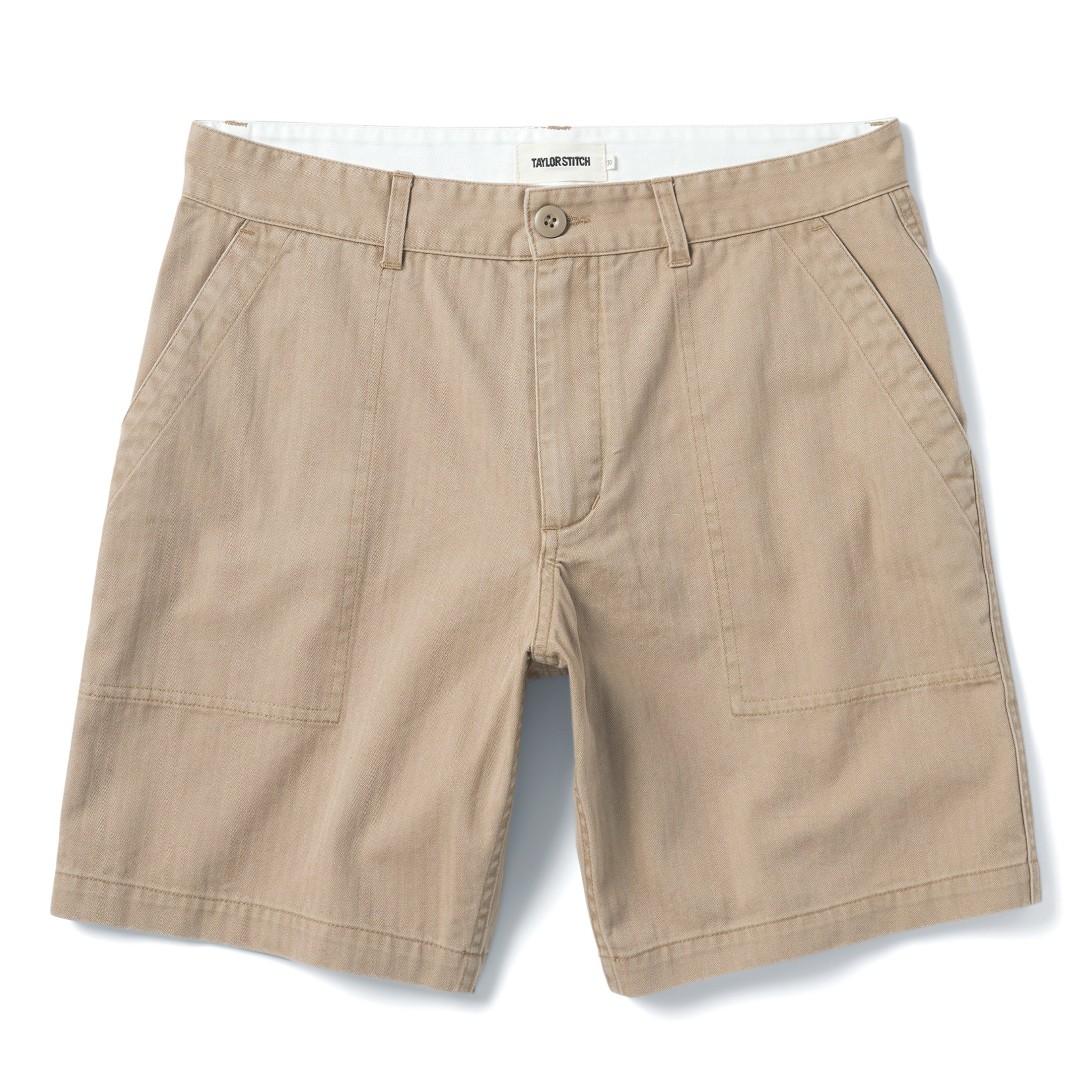 flatlay of The Trail Short in Khaki Herringbone, Shorts by Taylor Stitch