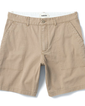 flatlay of The Trail Short in Khaki Herringbone, Shorts by Taylor Stitch