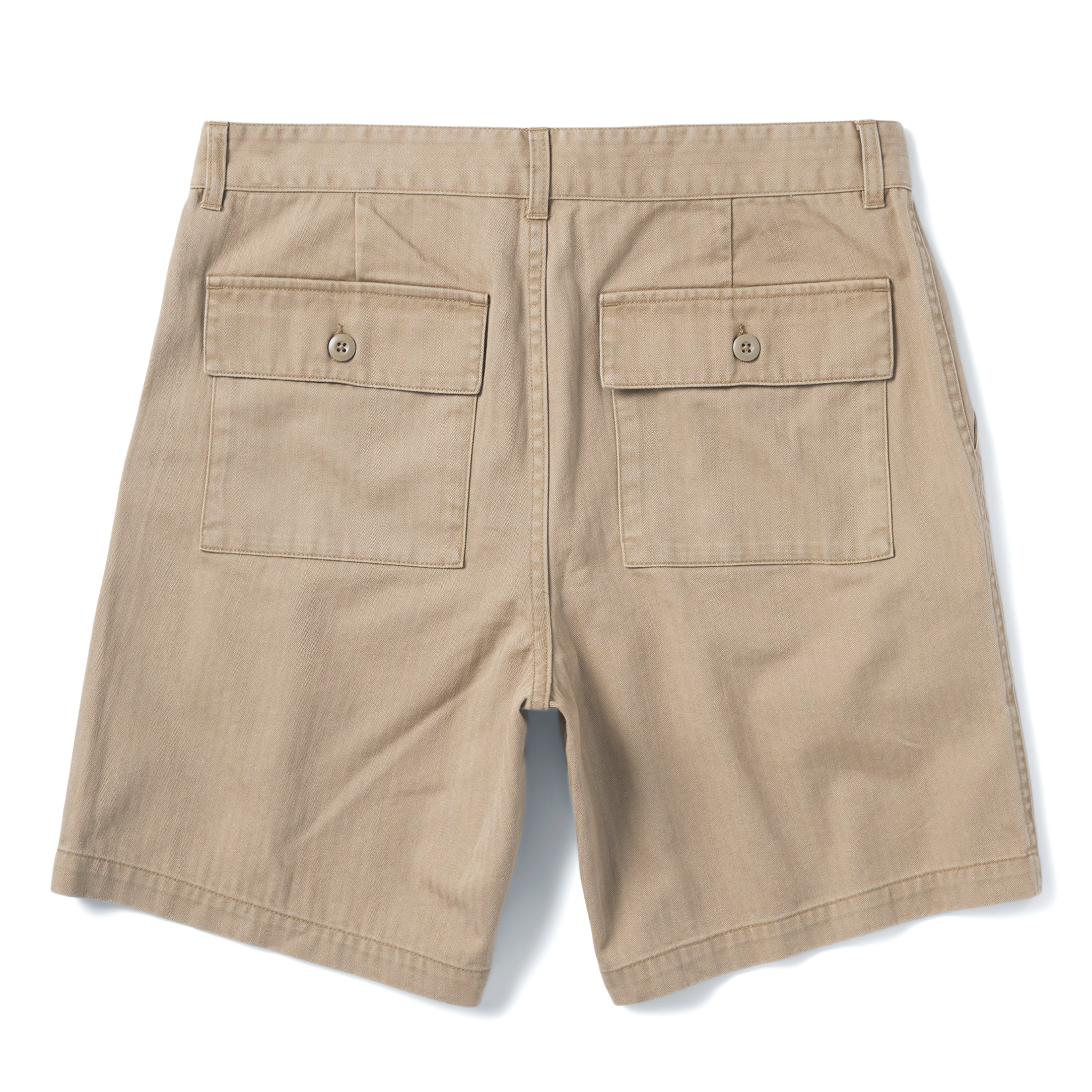 flatlay of The Trail Short in Khaki Herringbone, shown from the back, Shorts by Taylor Stitch