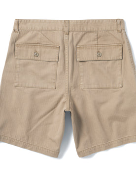 flatlay of The Trail Short in Khaki Herringbone, shown from the back, Shorts by Taylor Stitch