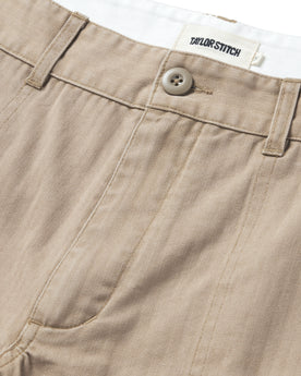 material shot of the button closure on The Trail Short in Khaki Herringbone, Shorts by Taylor Stitch