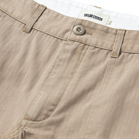 material shot of the button closure on The Trail Short in Khaki Herringbone