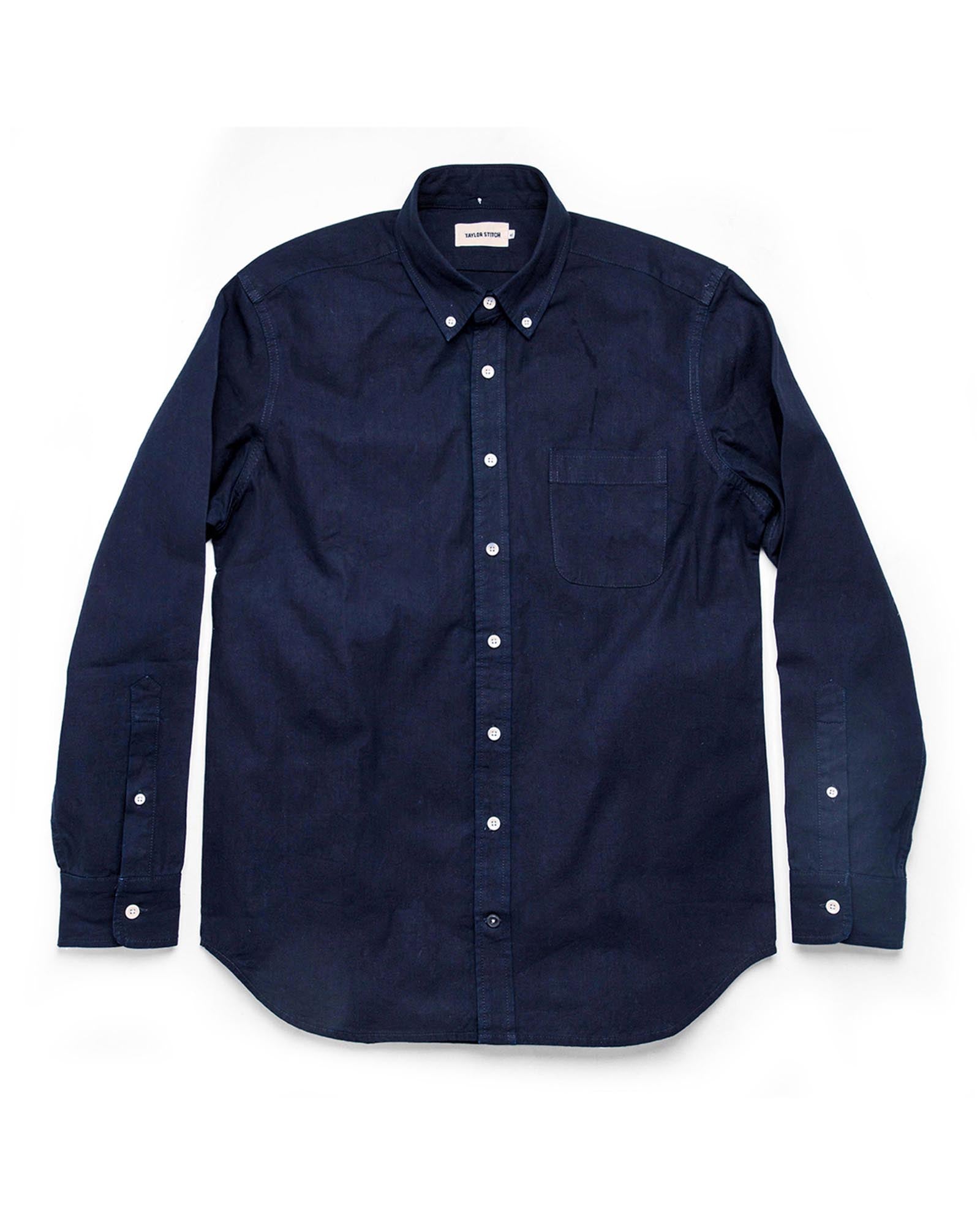 our fit model wearing The Jack in Indigo Oxford, Wovens by Taylor Stitch