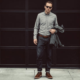 Out fit model wearing The Jack in Brushed Charcoal.