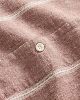 material shot of the camp collar on The Short Sleeve Hawthorne in Dried Fig Stripe, Wovens by Taylor Stitch