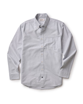 flatlay of The Jack in Navy University Stripe Everyday Oxford, shown in full, Wovens by Taylor Stitch