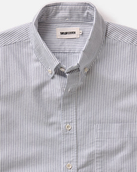 material shot of the collar and buttons on The Jack in Navy University Stripe Everyday Oxford, Wovens by Taylor Stitch