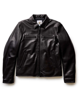 flatlay of The Moto Jacket in Black Steerhide, Outerwear by Taylor Stitch