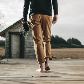 Our fit model wearing The Democratic Chino in Organic British Khaki.