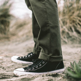Our fit model wearing The Democratic Chino in Organic Olive.