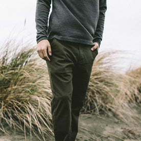 Our fit model wearing The Democratic Chino in Organic Olive.