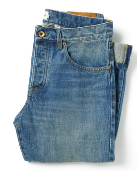 flatlay of The Democratic Jean in Patch Wash Selvage, shown folded from front, Bottoms by Taylor Stitch