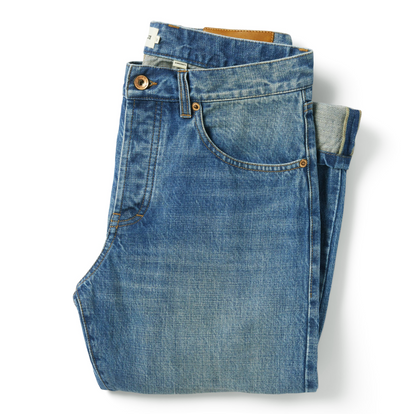 flatlay of The Democratic Jean in Patch Wash Selvage, shown folded from front