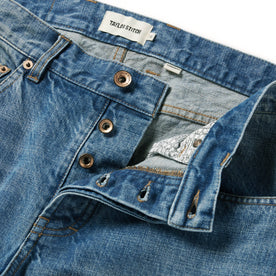 material shot of the button closures on The Democratic Jean in Patch Wash Selvage