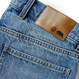 material shot of the leather patch on The Slim Jean in Patch Wash Selvage