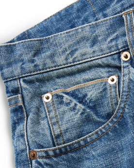 material shot of the pockets on The Slim Jean in Patch Wash Selvage, Bottoms by Taylor Stitch