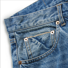 material shot of the pockets on The Slim Jean in Patch Wash Selvage