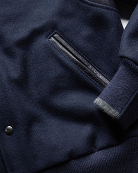 material shot of the pockets on The Golden Bear Snap Bomber in Midnight Wool, Outerwear by Taylor Stitch
