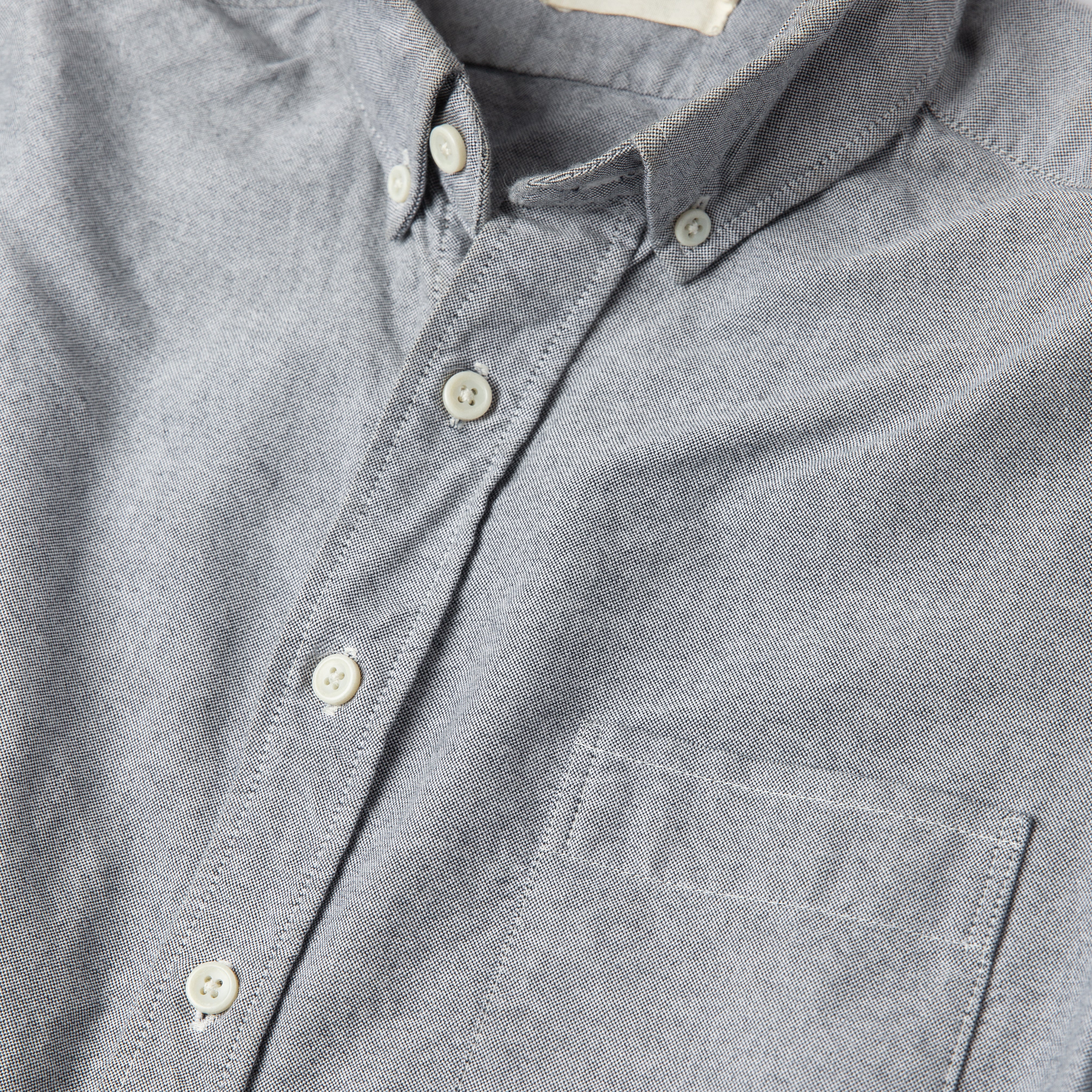 material shot of the buttons on The Jack in Charcoal Everyday Oxford, Wovens by Taylor Stitch