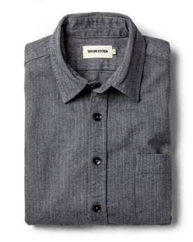 flatlay of The Mechanic Shirt in Slate Herringbone, Wovens by Taylor Stitch