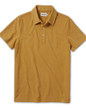 flatlay of The Heavy Bag Polo in Gold, Knits by Taylor Stitch