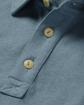 material shot of the buttons on The Heavy Bag Polo in Ocean, Knits by Taylor Stitch