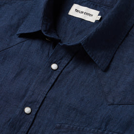 material shot of the collar on The Short Sleeve Western in Indigo Linen