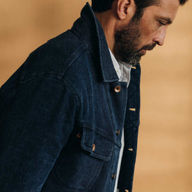 fit model showing the waffle texture on The Long Haul Jacket in Indigo Waffle