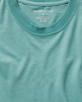material shot of the collar on The Cotton Hemp Tee in Teal, Knits by Taylor Stitch