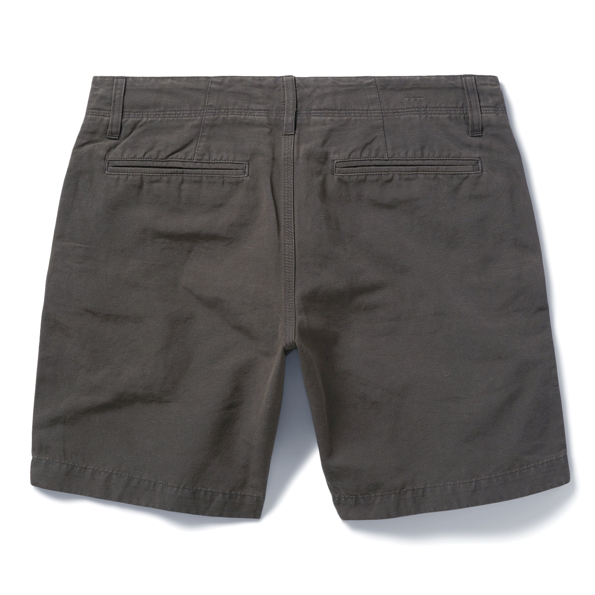 flat of The Morse Short in Dark Charcoal Linen, shown from the back, Shorts by Taylor Stitch