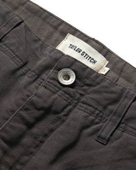 material shot of the button on The Morse Short in Dark Charcoal Linen, Shorts by Taylor Stitch