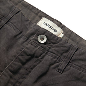 material shot of the button on The Morse Short in Dark Charcoal Linen