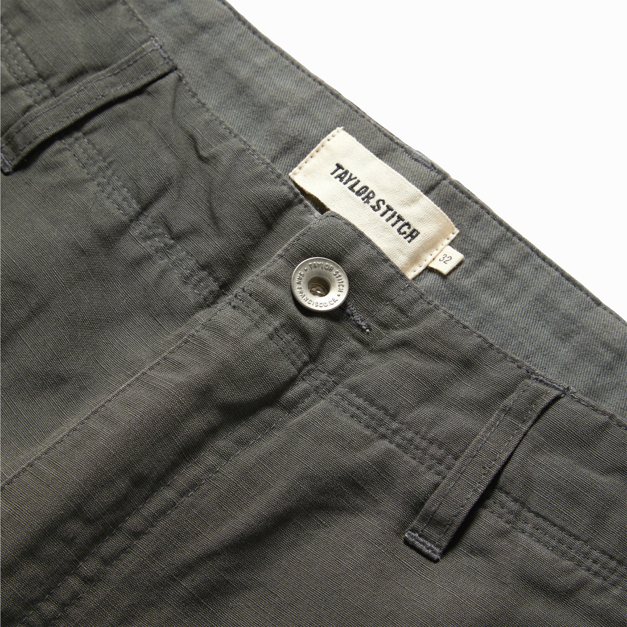 material shot of the button on The Morse Short in Dark Slate Linen, Shorts by Taylor Stitch