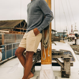 fit model wearing The Morse Short in Sand Linen on a sailboat 