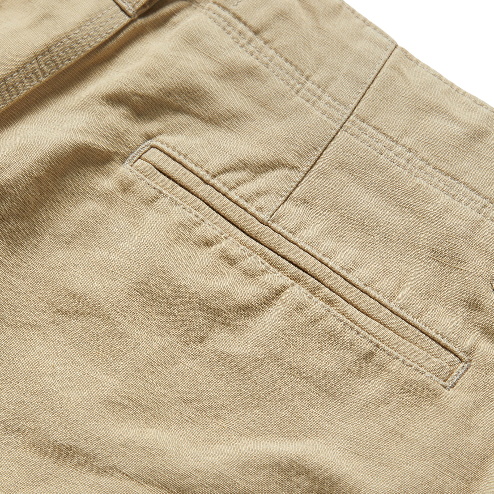 material shot of the rear pocket on The Morse Short in Sand Linen, Bottoms by Taylor Stitch