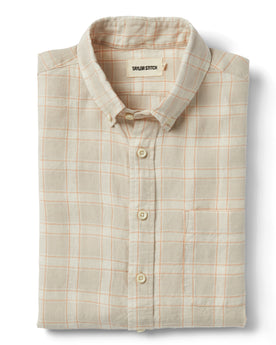 flatlay of The Jack in Dune Plaid, folded, Wovens by Taylor Stitch