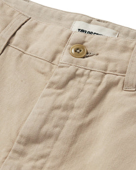 material shot of the button fly on The Foundation Short in Khaki Twill, Bottoms by Taylor Stitch