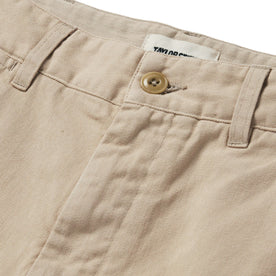 material shot of the button fly on The Foundation Short in Khaki Twill