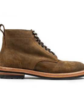 flatlay of The Trench Boot in Golden Brown Waxed Suede, Footwear by Taylor Stitch