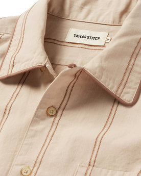 material shot of the collar on The Tulum in Latte Stripe, Wovens by Taylor Stitch