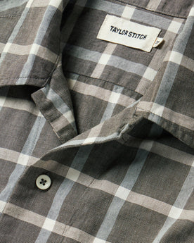 material shot of the camp collar on The Short Sleeve Hawthorne in Espresso Plaid, Wovens by Taylor Stitch