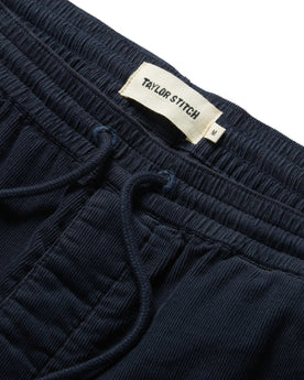 material shot of the waistband on The Après Short in Dark Navy Pinwale, Shorts by Taylor Stitch