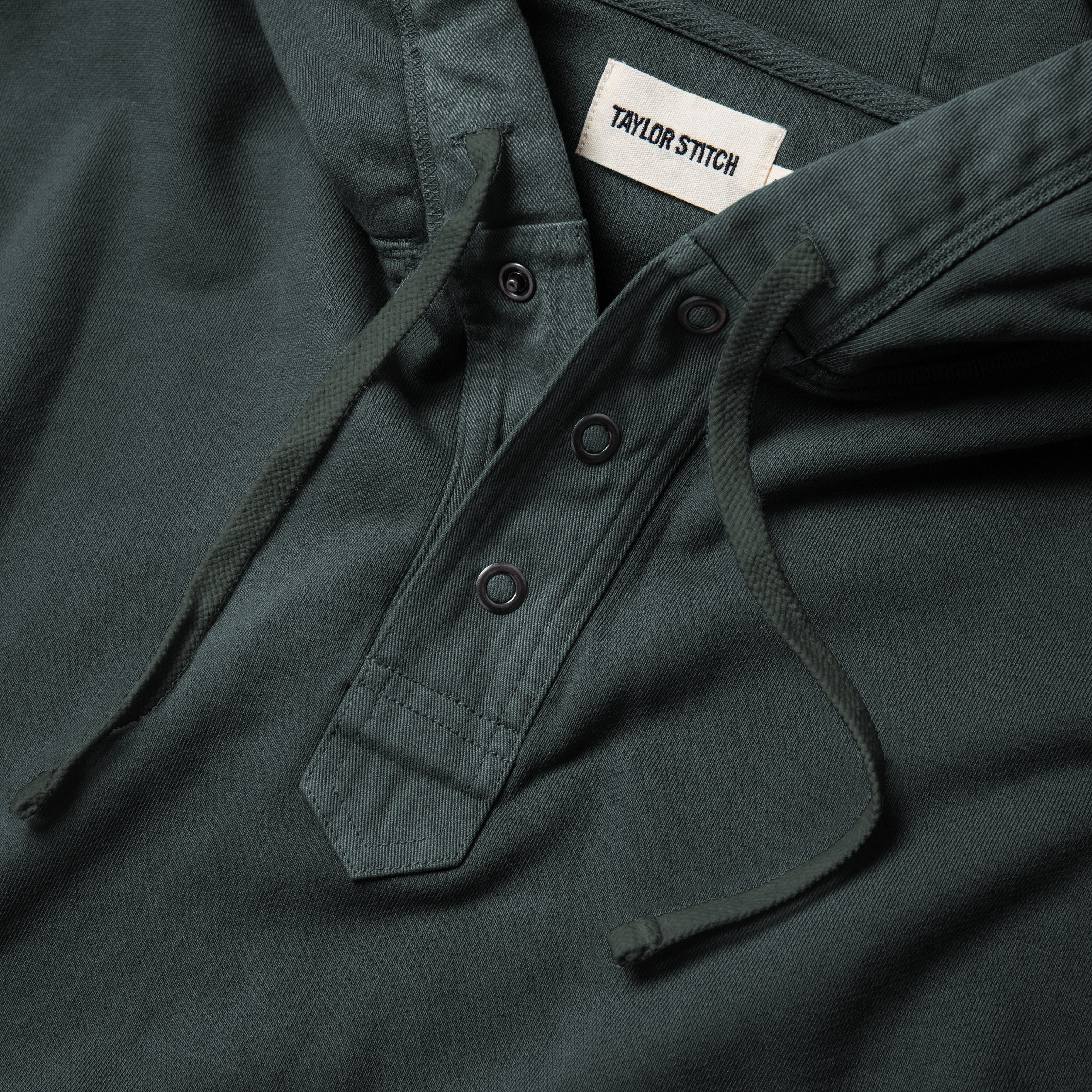 material shot of the placket of The Fillmore Snap Hoodie in Deep Sea Terry, Knits by Taylor Stitch