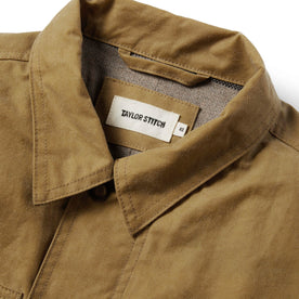 material shot of the collar on The Lined Longshore Jacket in Harvest Tan Waxed Canvas